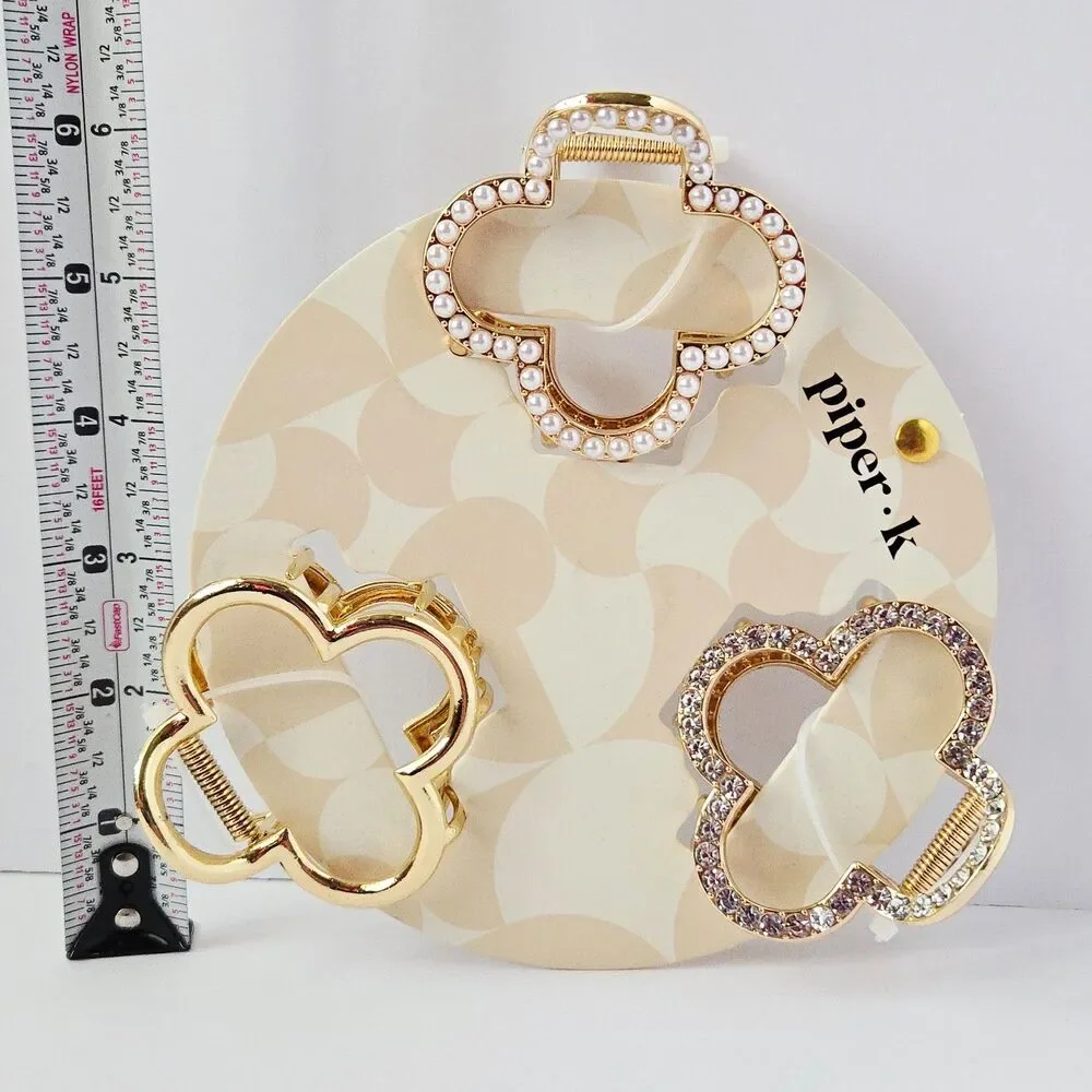 3 Pc Piper K Hair Clip Gold Tone Clover Shape Set Metal Jaw Clip Boho Elegant